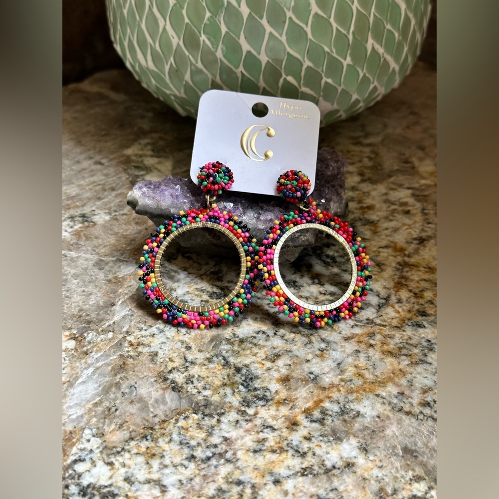 Gold Multi Colored Bead Dangle Earrings